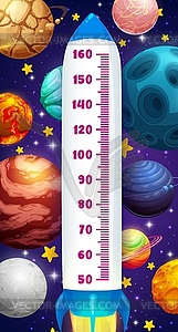 Height chart in space, rocket and planets meter - vector clipart