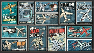 Aviation, air transport retro posters set - vector clipart