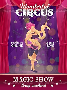 Shapito circus poster, woman with snake on big top - vector clip art