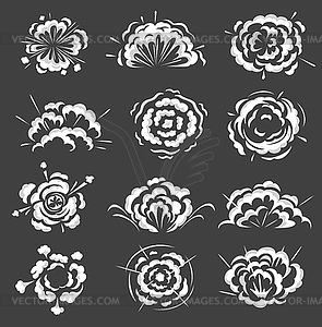 Blast explosion clouds, bomb boom explodes icons - vector image
