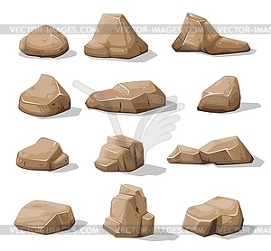 Cartoon brown rock stones, boulders, rubble gravel - color vector clipart