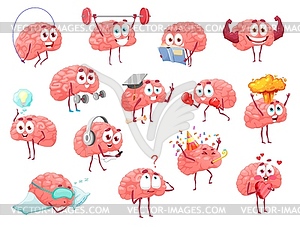 Cartoon brain characters, brainstorm and health - vector clipart