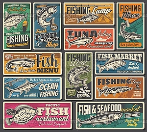 Рыбалка, морепродукты и рыбный рынок плакаты ретро - стоковое векторное изображение