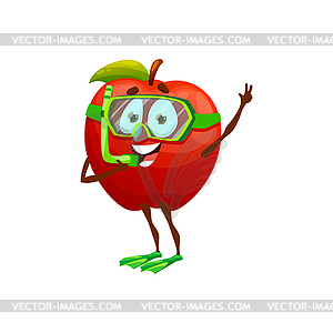 Summer fruit apple in diving mask, tube, flippers - vector image