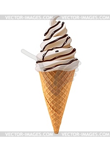 Soft ice cream with chocolate drip in waffle cone - vector clip art