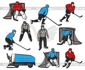 Ice hockey players icons and sport rink equipment - vector clip art