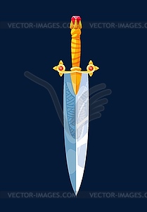 Magical cartoon dagger steel blade in golden hilt - vector image