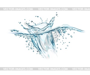 Liquid water splash, wave swirl with drops - color vector clipart