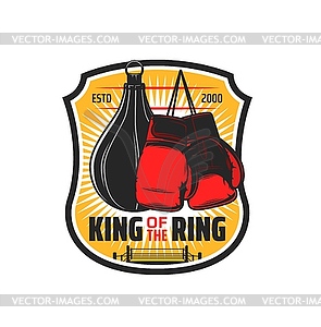 Boxing sport, kickboxing club bag and glove emblem - vector clipart