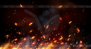 Campfire, fireplace flying sparks, burning flame - vector clip art