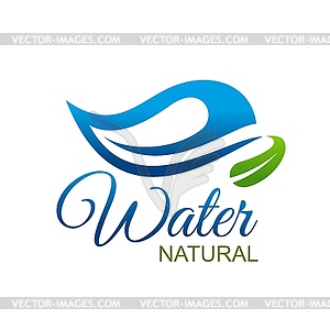 Natural water icon, mineral wave drop, green leaf - color vector clipart