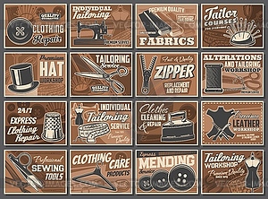 Tailoring service and sewing tools retro posters - vector image