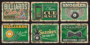 Billiards club rusty metal plates tin signs - vector clipart