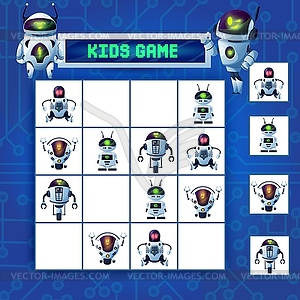 Kids sudoku maze game cartoon robots riddle - vector clip art