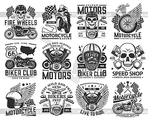 Motorcycle racing and biker club engraved icon set - vector image