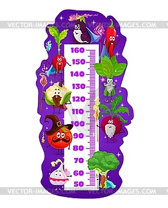 Kids height chart, magician and wizard veggies - vector image