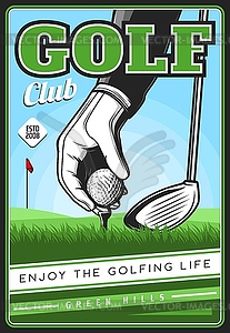 Golf club poster, golfing sport retro card - vector image