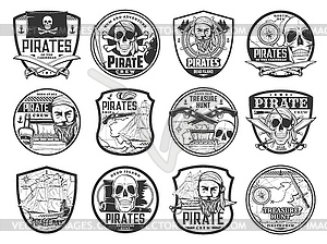 Caribbean pirate and corsair icons, captain, ship - white & black vector clipart