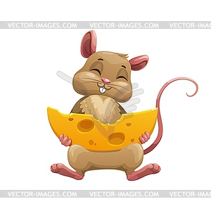 Happy cartoon mouse with cheese, cute rat - vector image