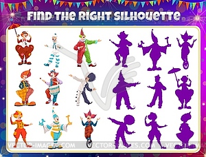 Shadow match game, circus clowns puzzle boardgame - vector image