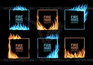 Square frames, fire and gas burning flames borders - vector image