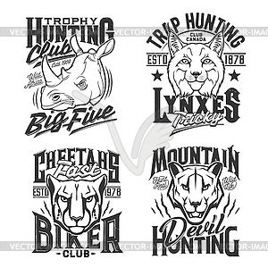 Tshirt prints with cougar puma, cheetah and rhino - vector image