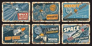 Spaceships and satellites rusty plates, tin signs - vector clipart