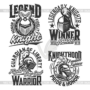 Tshirt prints with knight heads mascots set - stock vector clipart