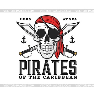 Карибские пираты значок с черепом, скрещенные сабли - изображение в векторе
