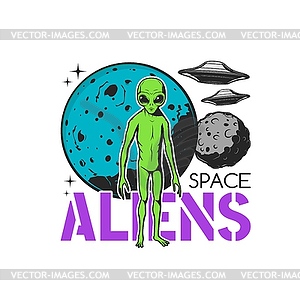 Space aliens icon, UFO saucers and green monster - vector clipart