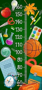 Kids height chart with cartoon school stationery - vector clipart