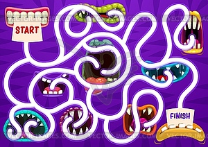 Kids search way game with monster open maws - stock vector clipart