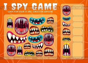 Child I spy game with Halloween monsters maws - vector image