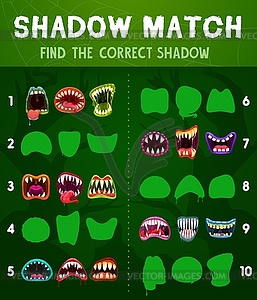 Child shadow matching game with monsters maws - vector clipart