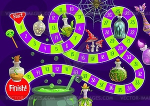 Детская настольная игра на Хэллоуин с волшебными зельями - векторная иллюстрация