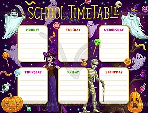 School timetable, schedule with Halloween monsters - vector clip art