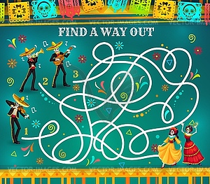 Labyrinth maze game, Dia de los Muertos riddle - vector image