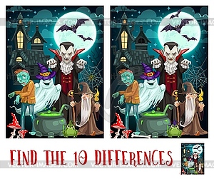 Kids spot differences game with Halloween monsters - vector clipart