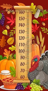 Kids height chart with turkey, autumn harvest - vector image