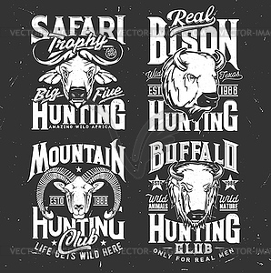 Tshirt print with mountain goat, buffalo and bison - vector clipart