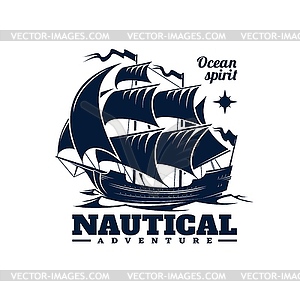 Sailing ship, ocean travel icon or emblem - vector clipart