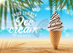 Vanilla ice cream cone on palm beach, ad - vector clipart