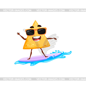 Happy nachos surfing on waves summer fun character - vector clip art