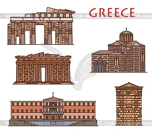 Greece travel and Athens architecture buildings - color vector clipart