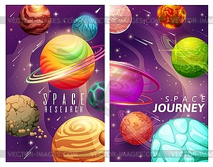 Cartoon space planets and stars, galaxy journey - vector clipart