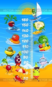 Kids height chart cartoon vegetables on beach - royalty-free vector clipart