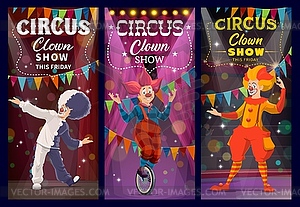 Shapito circus clowns and harlequin characters - vector clipart