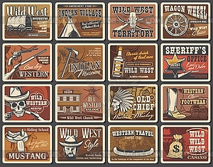 Wild West posters, cowboy retro cards set - vector image