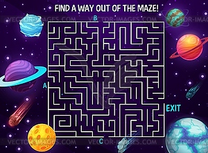 Space labyrinth maze cartoon galaxy, boardgame - vector clip art