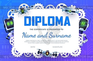 Diploma certificate, cartoon robots or gear droids - vector clip art